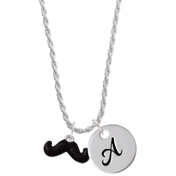 Delight Jewelry Silvertone Small Black Enamel Mustache Silvertone Script Initial Disc - A - Charm Necklace, 20"+3"