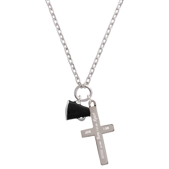 Delight Jewelry Silvertone Small Black Megaphone I Set You Apart Engraved Cross Zoey Necklace, 28"