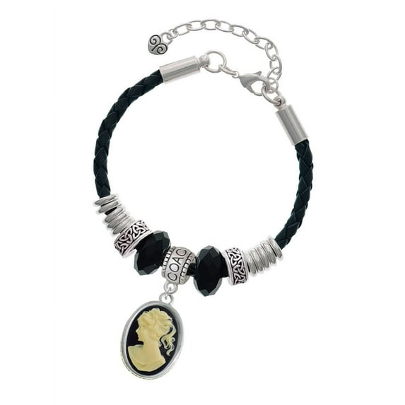 Delight Jewelry Silvertone Small Black Oval Cameo Coach Celtic Knot Leather Bead Bracelet, 7"+2" Extender