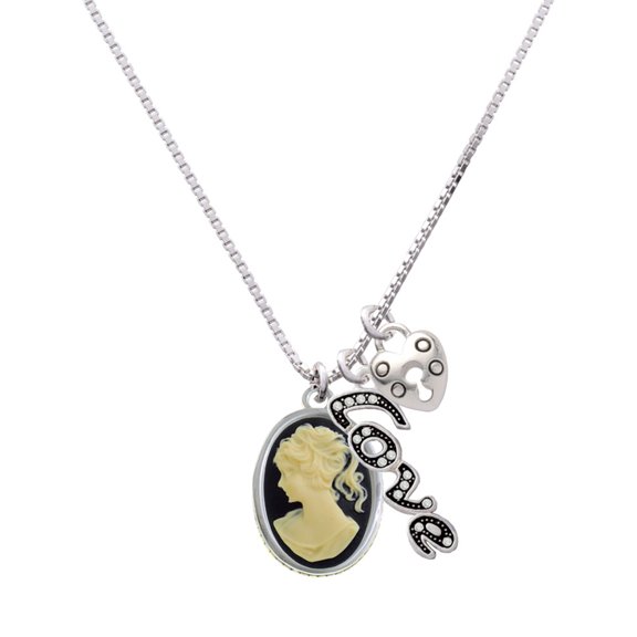 Delight Jewelry Silvertone Small Black Oval Cameo - Love and Lock Charm Necklace, 18"+1"