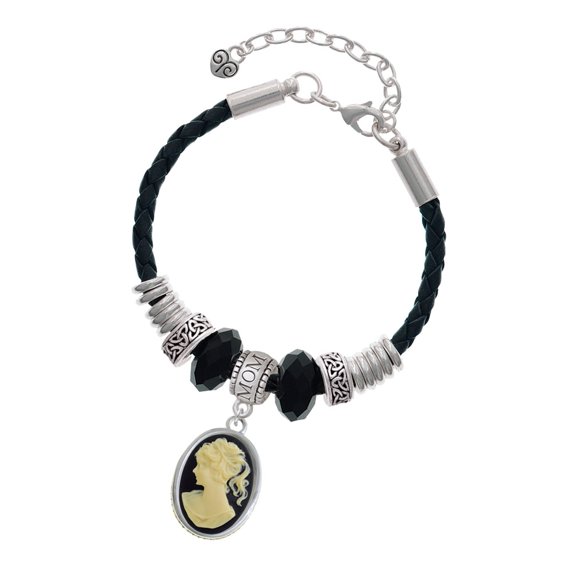 Delight Jewelry Silvertone Small Black Oval Cameo Mom Celtic Knot Leather Bead Bracelet, 7"+2" Extender
