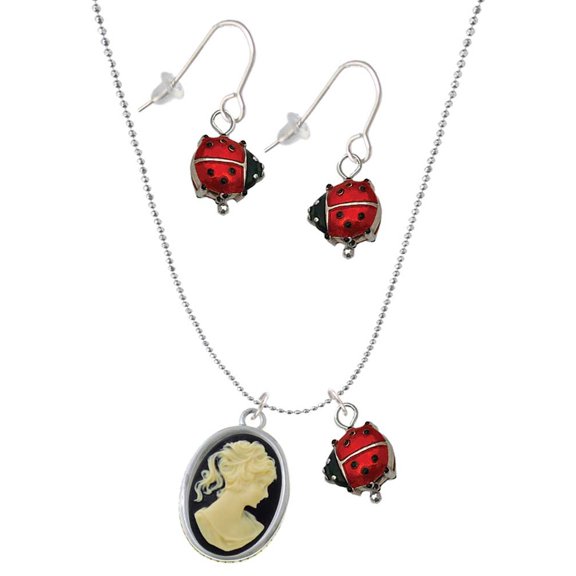 Delight Jewelry Silvertone Small Black Oval Cameo Red Lucky Ladybug Necklace and Dangle Earrings Set
