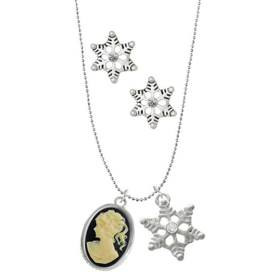 Delight Jewelry Silvertone Small Black Oval Cameo Silver tone Snowflake Charm Necklace and Stud Earrings