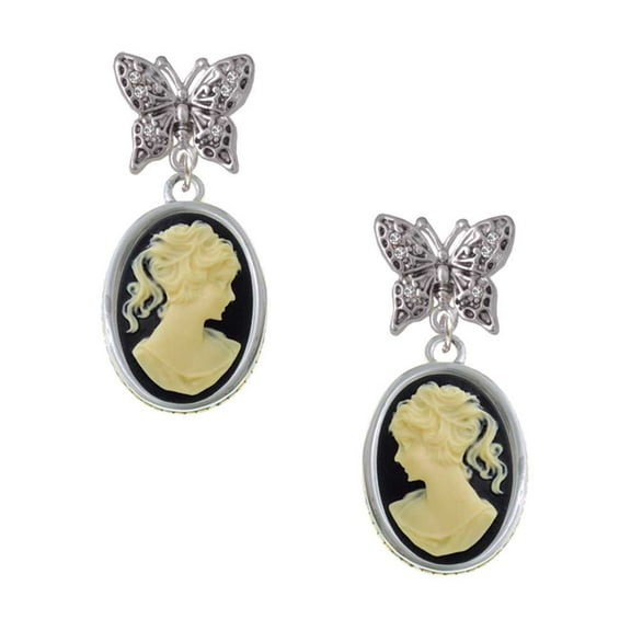 Delight Jewelry Silvertone Small Black Oval Cameo Silvertone Antiqued Butterfly Post Earrings