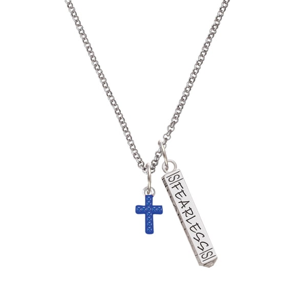 Delight Jewelry Silvertone Small Blue Crystal Cross Silvertone Fearless Bar Charm Necklace, 23"