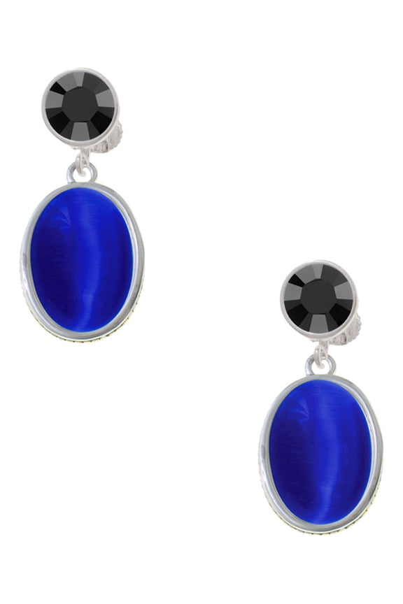 Silvertone Small Blue Imitation Cat's Eye Black Crystal Clip on Earrings