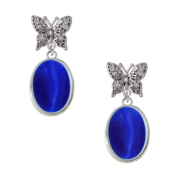 Delight Jewelry Silvertone Small Blue Imitation Cat's Eye Silvertone Antiqued Butterfly Post Earrings