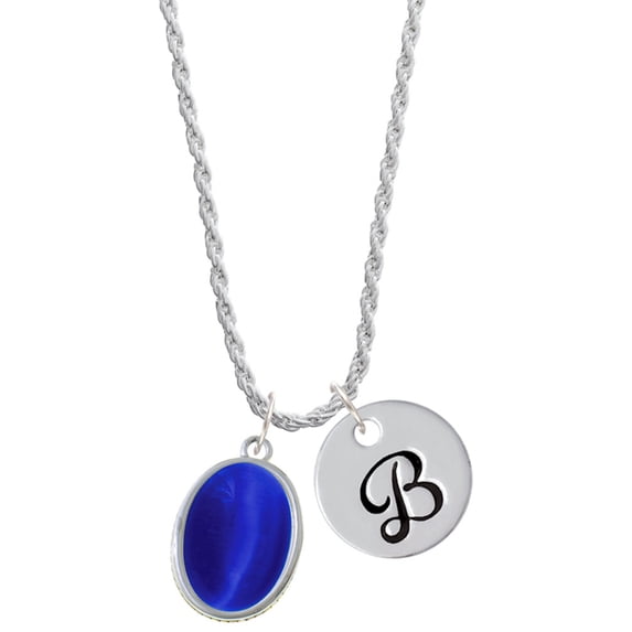 Delight Jewelry Silvertone Small Blue Imitation Cat's Eye Silvertone Script Initial Disc - B - Charm Necklace, 20"+3"