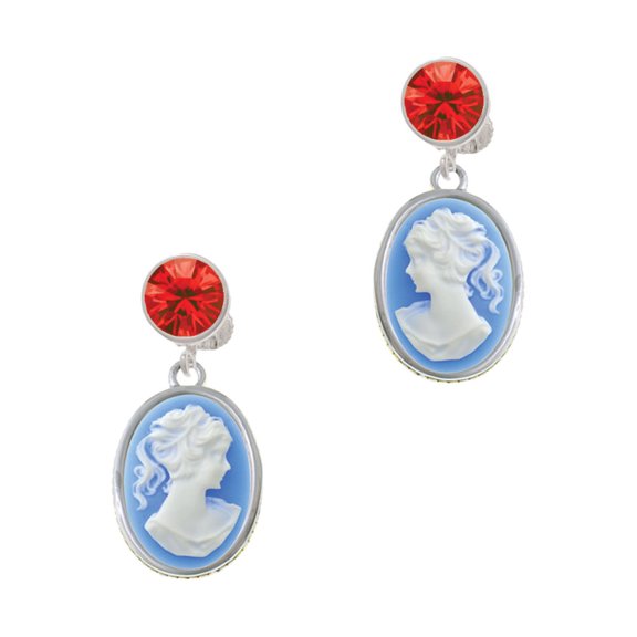 Delight Jewelry Silvertone Small Blue Oval Cameo Red Crystal Clip on Earrings