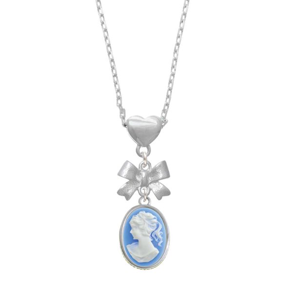 Delight Jewelry Silvertone Small Blue Oval Cameo Silver tone Bow Heart Necklace