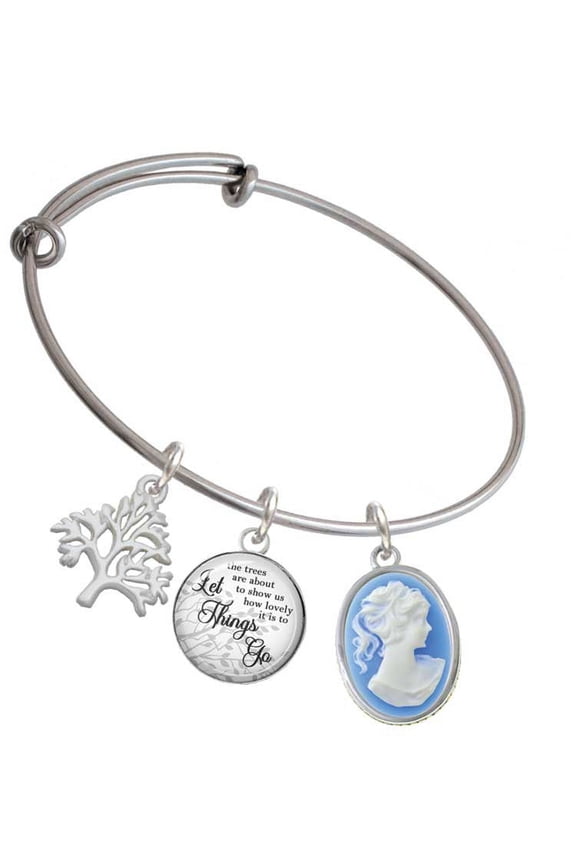 Silvertone Small Blue Oval Cameo Silvertone Let Things Go Tree Charm Bangle Bracelet