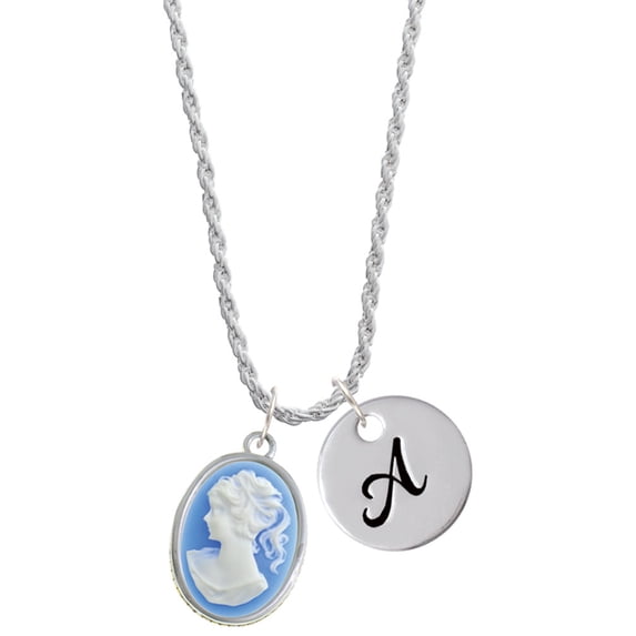 Delight Jewelry Silvertone Small Blue Oval Cameo Silvertone Script Initial Disc - A - Charm Necklace, 20"+3"