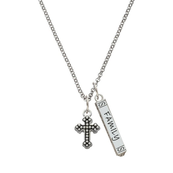 Delight Jewelry Silvertone Small Botonee Cross with Beaded Decoration Silvertone Family Bar Charm Necklace, 23"