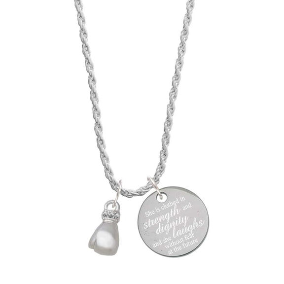 Delight Jewelry Silvertone Small Boxing Glove She is Clothed in Stength and Dignity Charm Necklace, 20"+3"