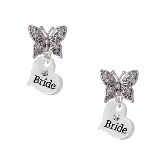 Delight Jewelry Silvertone Small Bride Heart Silvertone Antiqued Butterfly Post Earrings