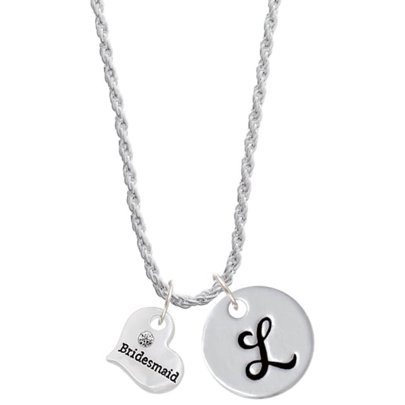 Delight Jewelry Silvertone Small Bridesmaid Heart Silvertone Script Initial Disc - L - Charm Necklace, 20"+3"