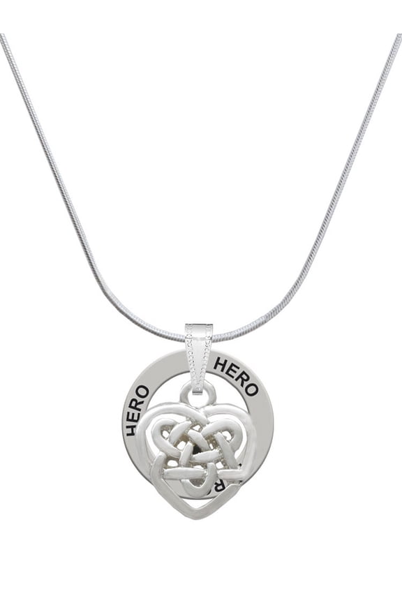 Silvertone Small Celtic Heart Knot Hero Ring Charm Necklace, 18"
