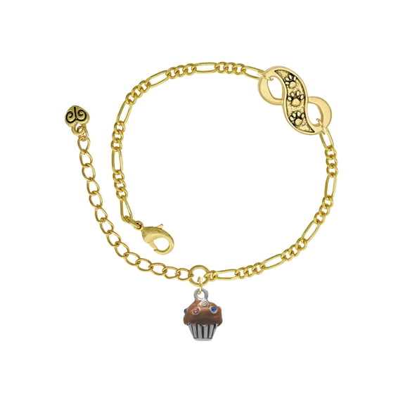 Delight Jewelry Silvertone Small Chocolate Cupcake with Crystal Sprinkles Gold-tone Paw Infinity Link Chain Bracelet, 6"+2" Extender