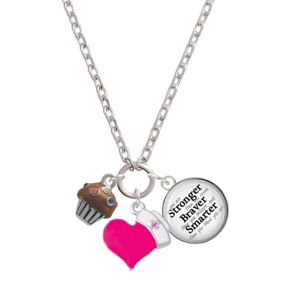 Delight Jewelry Silvertone Small Chocolate Cupcake with Crystal Sprinkles - Hot Pink Heart Nurse Strong Zoe Necklace