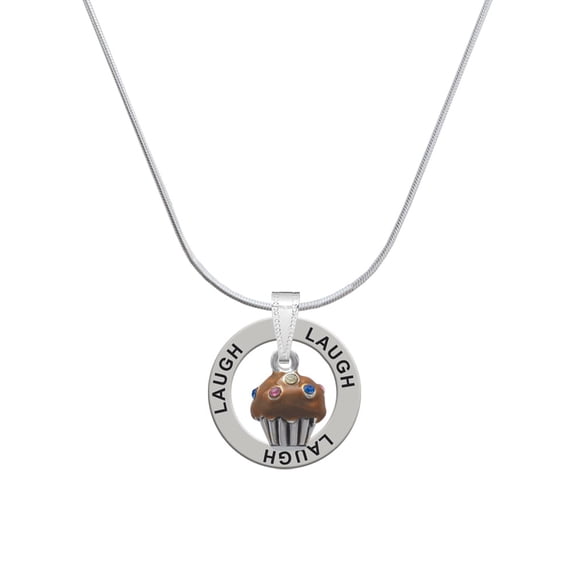 Delight Jewelry Silvertone Small Chocolate Cupcake with Crystal Sprinkles Laugh Ring Charm Necklace, 18"