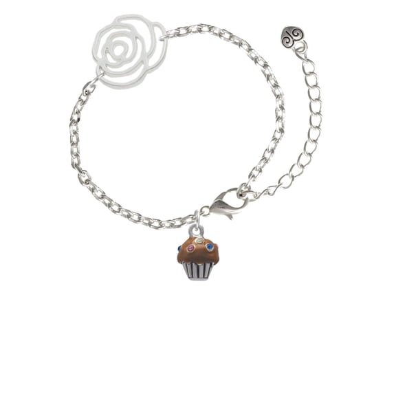 Delight Jewelry Silvertone Small Chocolate Cupcake with Crystal Sprinkles Silver-tone Flower Link Chain Bracelet, 6.75"+2" Extender