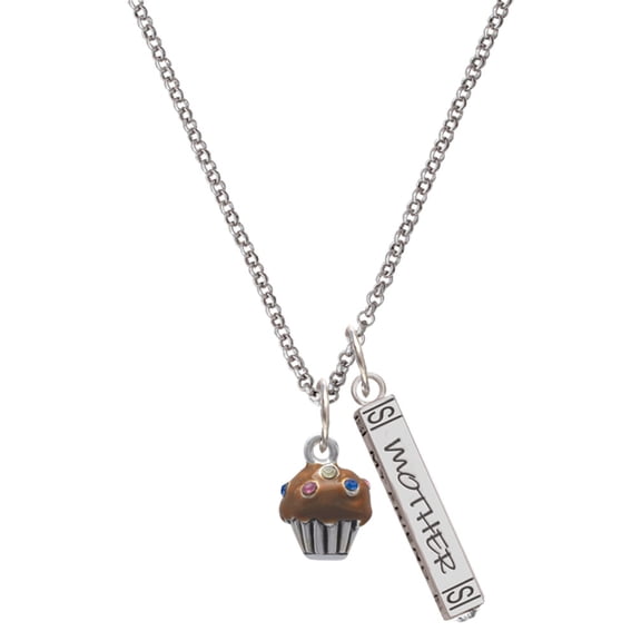 Delight Jewelry Silvertone Small Chocolate Cupcake with Crystal Sprinkles Silvertone Mother Daughter Bar Charm Necklace, 23"