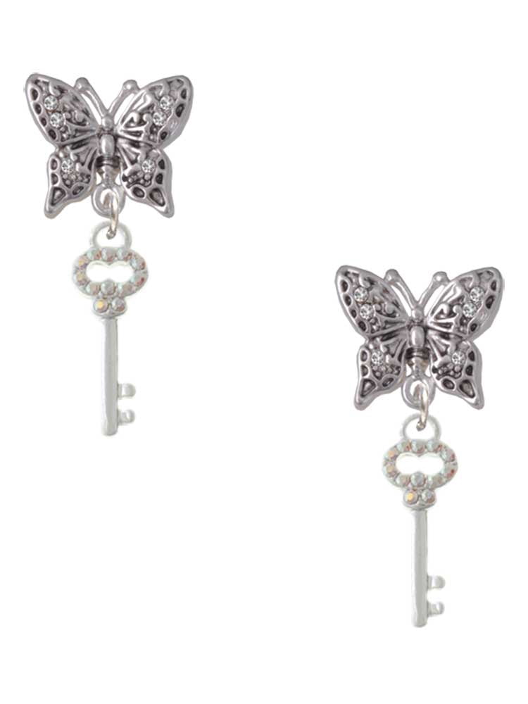 Delight Jewelry Silvertone Small Clear AB Crystals Oval Key Silvertone Antiqued Butterfly Post Earrings