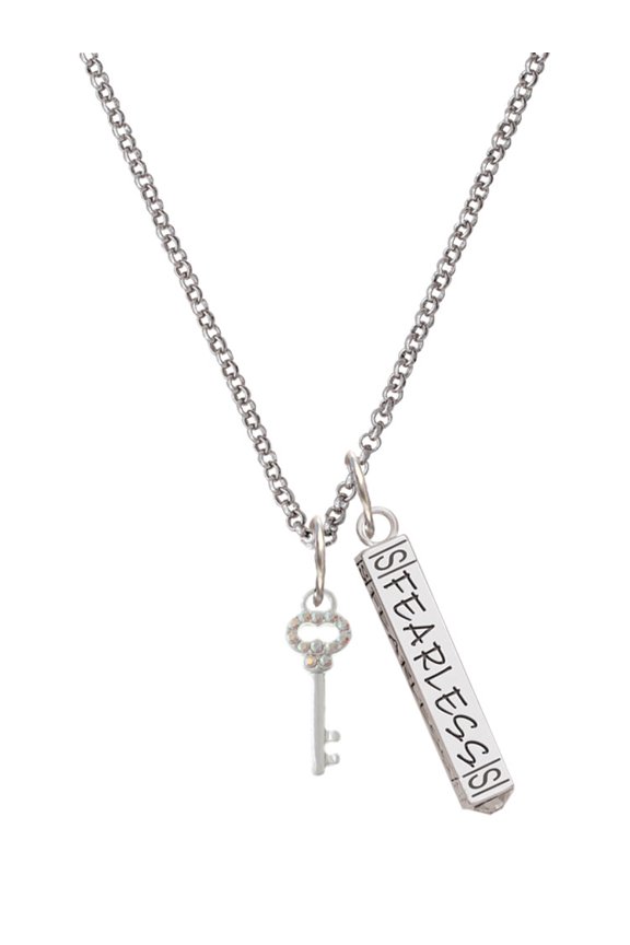 Silvertone Small Clear AB Crystals Oval Key Silvertone Fearless Bar Charm Necklace, 23"