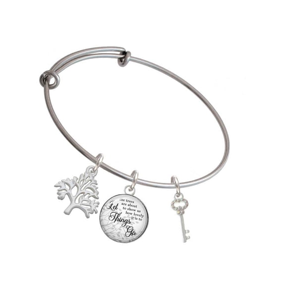Delight Jewelry Silvertone Small Clear AB Crystals Oval Key Silvertone Let Things Go Tree Charm Bangle Bracelet