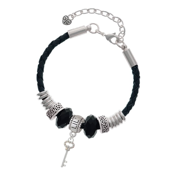 Delight Jewelry Silvertone Small Clear AB Crystals Oval Key Sister Celtic Knot Leather Bead Bracelet, 7"+2" Extender