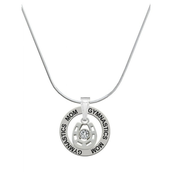 Delight Jewelry Silvertone Small Clear Crystal Horseshoe Gymnastics Mom Ring Charm Necklace, 18"