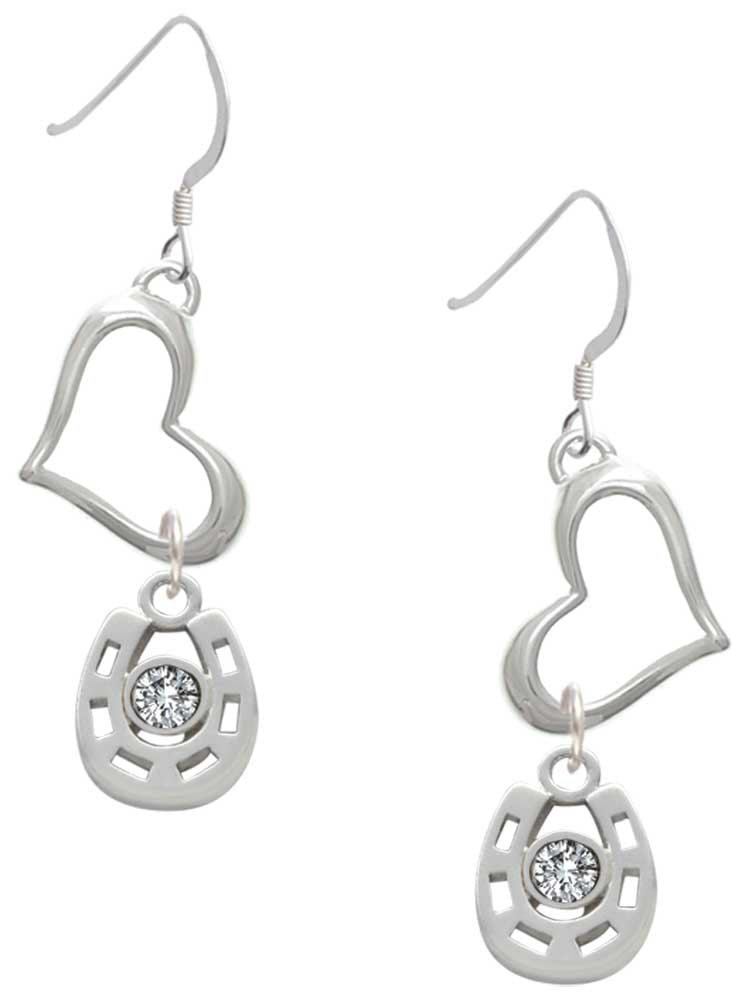 Delight Jewelry Silvertone Small Clear Crystal Horseshoe Open Heart French Earrings