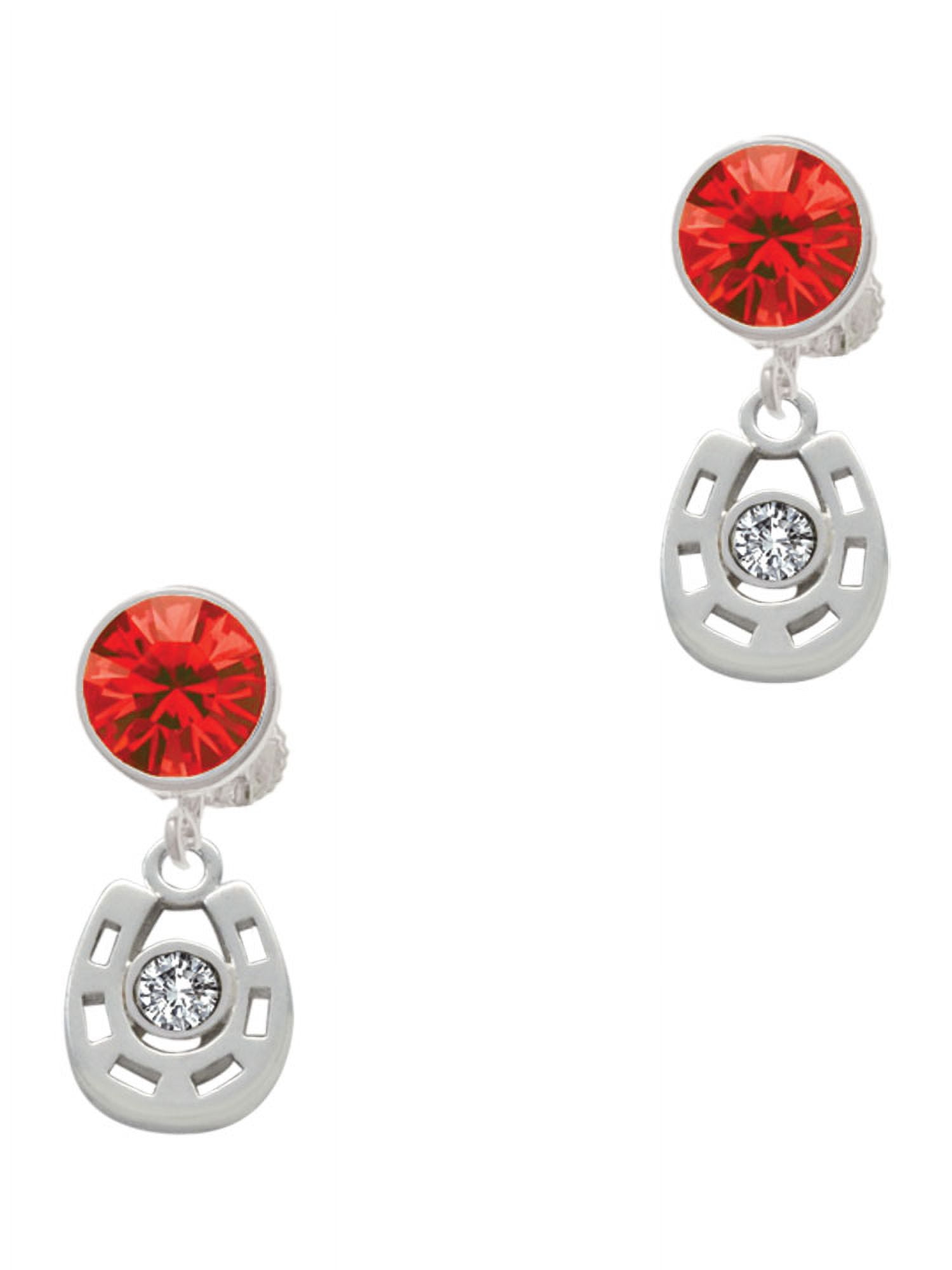 Delight Jewelry Silvertone Small Clear Crystal Horseshoe Red Crystal Clip on Earrings