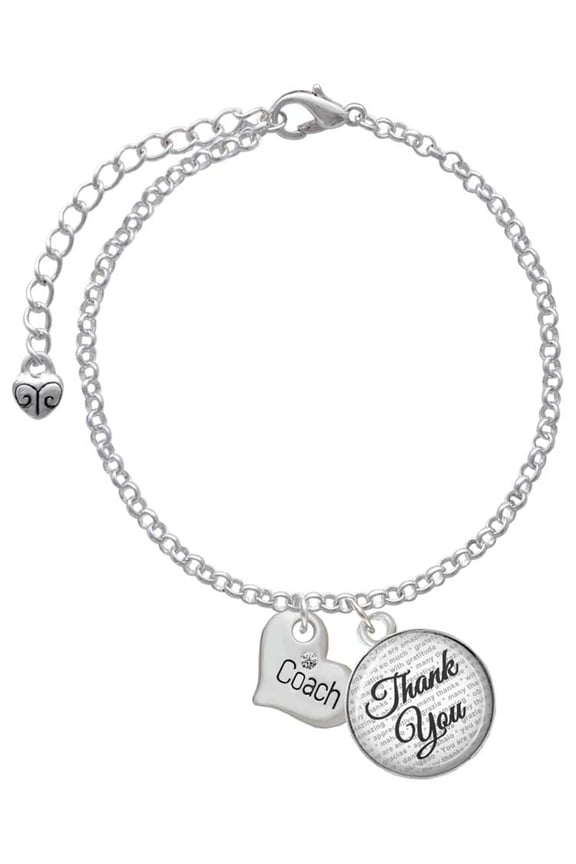 Silvertone Small ''Coach'' Heart - Domed Thank You Charm Bracelet, 6"+2"