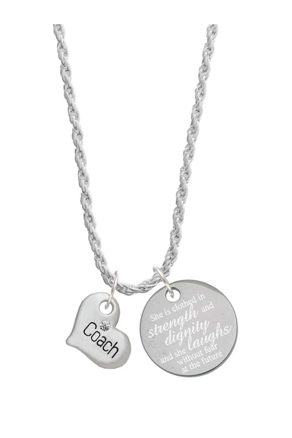 Silvertone Small ''Coach'' Heart She is Clothed in Stength and Dignity Charm Necklace, 20"+3"