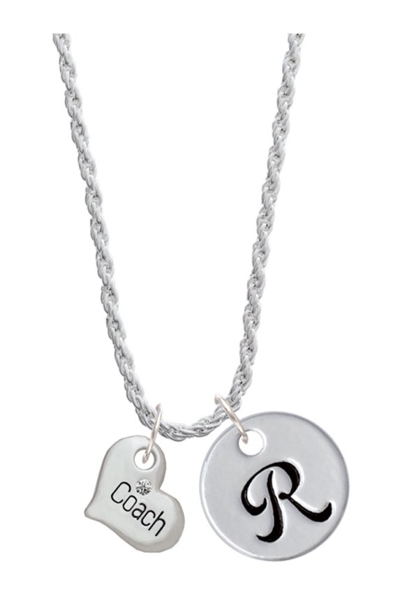 Silvertone Small ''Coach'' Heart Silvertone Script Initial Disc - R - Charm Necklace, 20"+3"