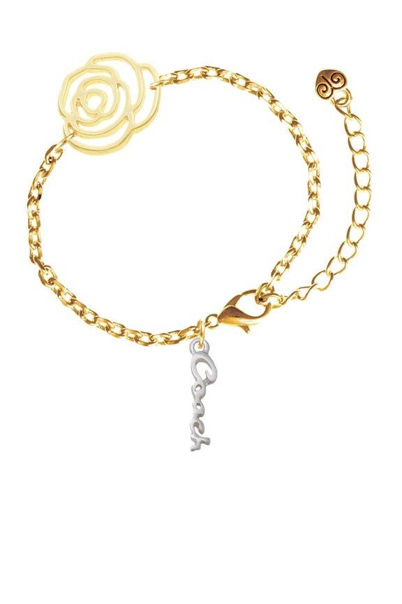 Silvertone Small Coach Script Gold-tone Flower Link Chain Bracelet, 6.75"+2" Extender