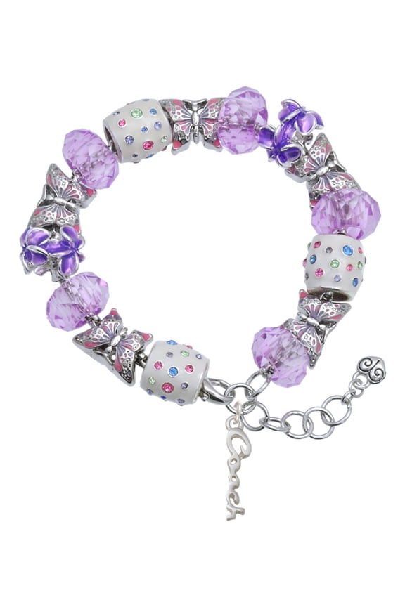 Silvertone Small Coach Script Purple Butterfly Bead Charm Bracelet, 7"+1" Extender