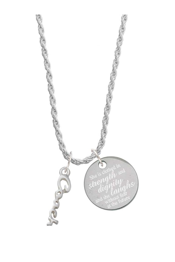 Silvertone Small Coach Script She is Clothed in Stength and Dignity Charm Necklace, 20"+3"
