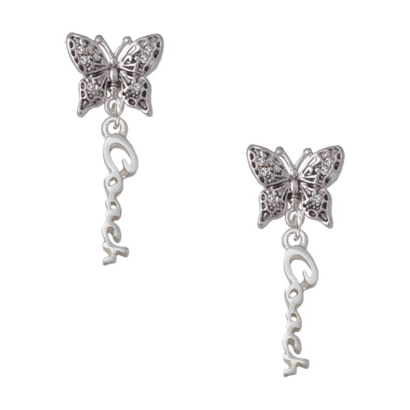Delight Jewelry Silvertone Small Coach Script Silvertone Antiqued Butterfly Post Earrings