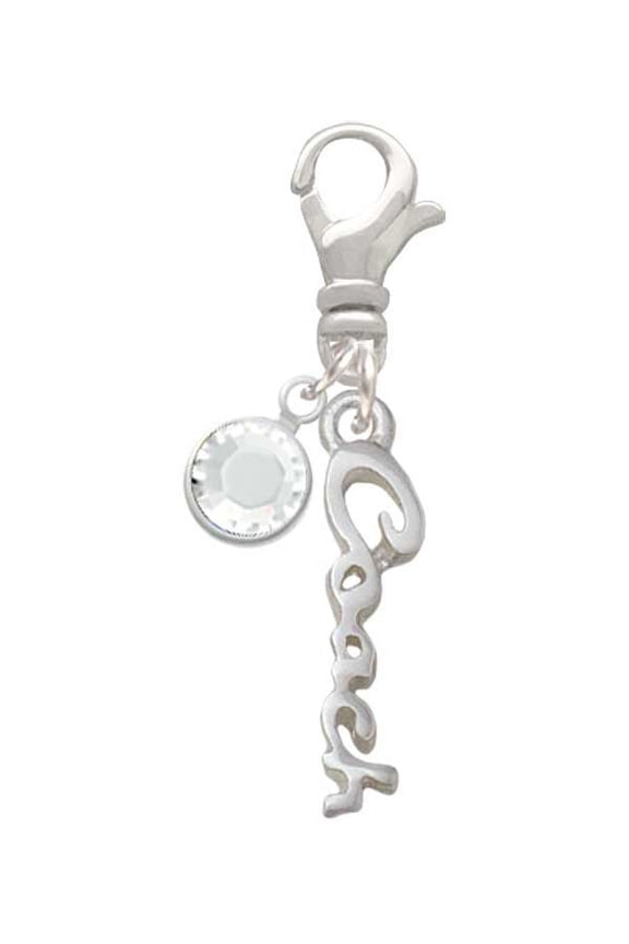 Silvertone Small Coach Script - Silvertone Clip on Charm with Clear Crystal Drop