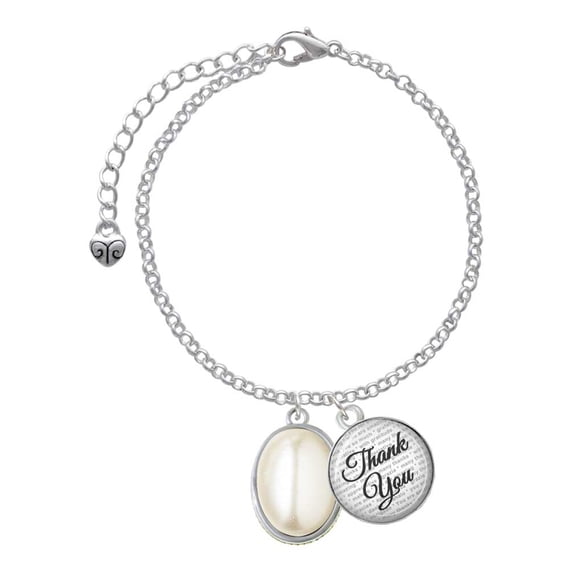 Delight Jewelry Silvertone Small Cream Imitation Pearl - Domed Thank You Charm Bracelet, 6"+2"