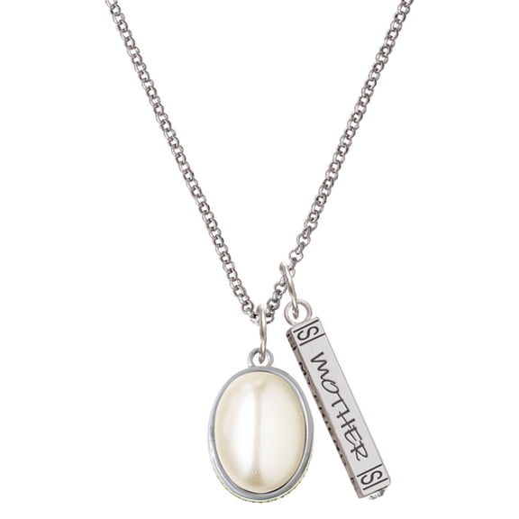 Delight Jewelry Silvertone Small Cream Imitation Pearl Silvertone Mother Daughter Bar Charm Necklace, 23"