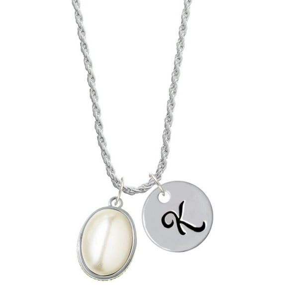 Delight Jewelry Silvertone Small Cream Imitation Pearl Silvertone Script Initial Disc - K - Charm Necklace, 20"+3"