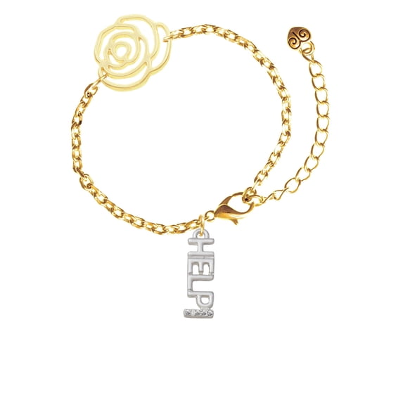Delight Jewelry Silvertone Small Crystal HELP! Gold-tone Flower Link Chain Bracelet, 6.75"+2" Extender