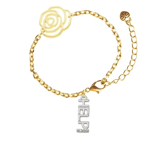 Delight Jewelry Silvertone Small Crystal HELP! Gold-tone Flower Link Chain Bracelet, 6.75"+2" Extender