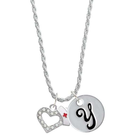Delight Jewelry Silvertone Small Crystal Heart with Nurse Hat Silvertone Script Initial Disc - Y - Charm Necklace, 20"+3"