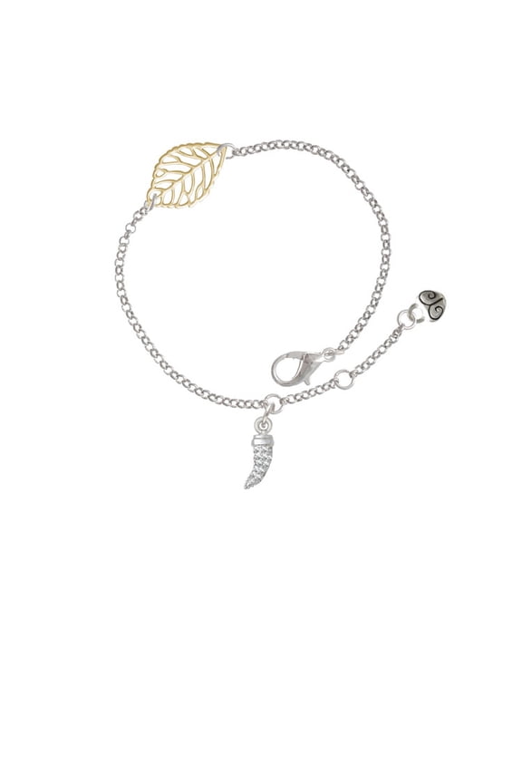 Silvertone Small Crystal Sabre Tooth - Goldtone Leaf Delicate Bracelet, 6.25+1.75"