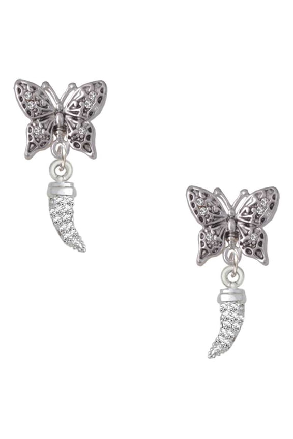 Silvertone Small Crystal Sabre Tooth Silvertone Antiqued Butterfly Post Earrings