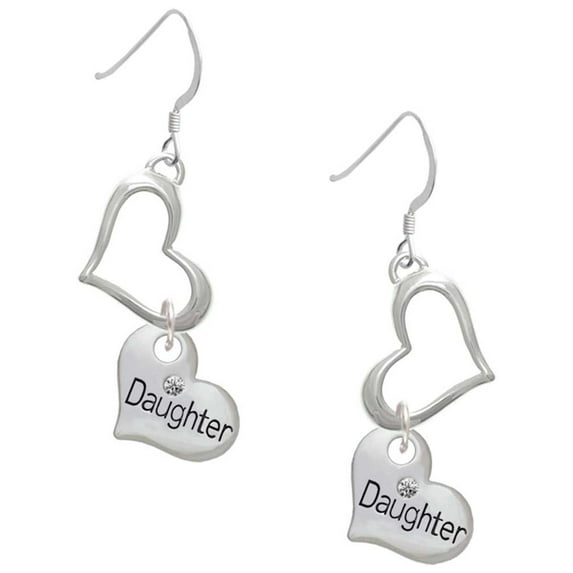 Delight Jewelry Silvertone Small ''Daughter'' Heart with Clear Crystal Open Heart French Earrings